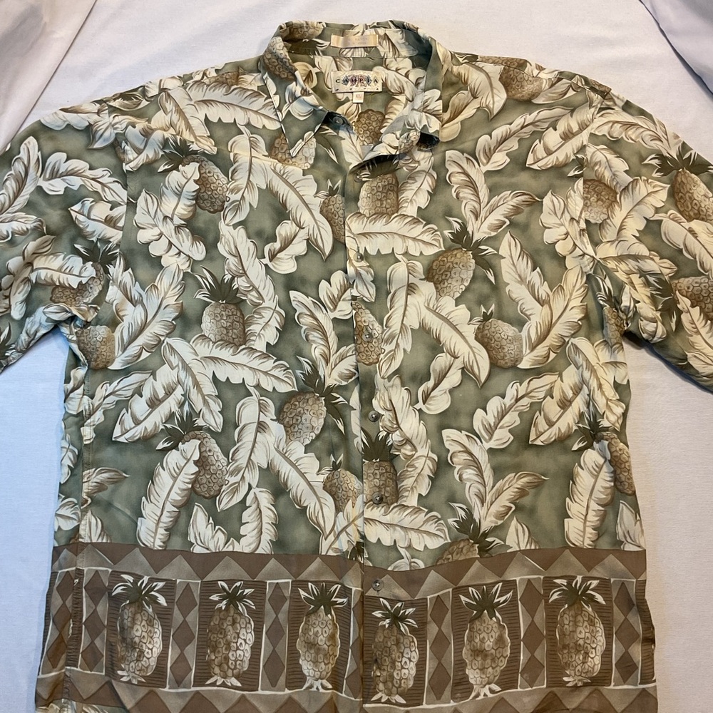 Campia Moda‎ Vintage Green/Cream Tropical Short Sleeve Button-Up, Size XL 80's